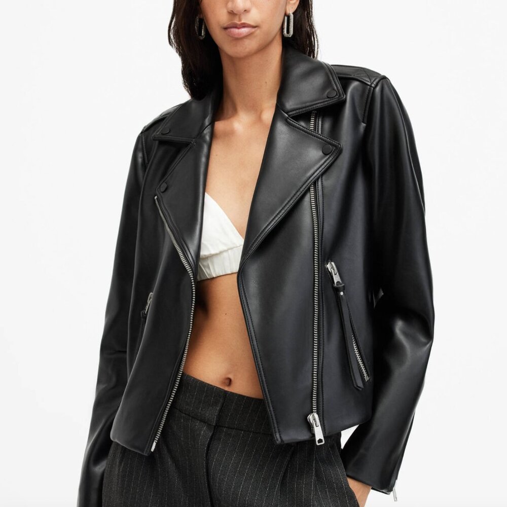 AllSaints Dalby Slim Fit Leather Biker Jacket – Black, Size 6 - Picture 3 of 5